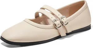 Coutgo Womens Mary Jane Flats Shoes Dressy Comfortable Square Toe Double Strap Soft Work Slip on Ballet Flat