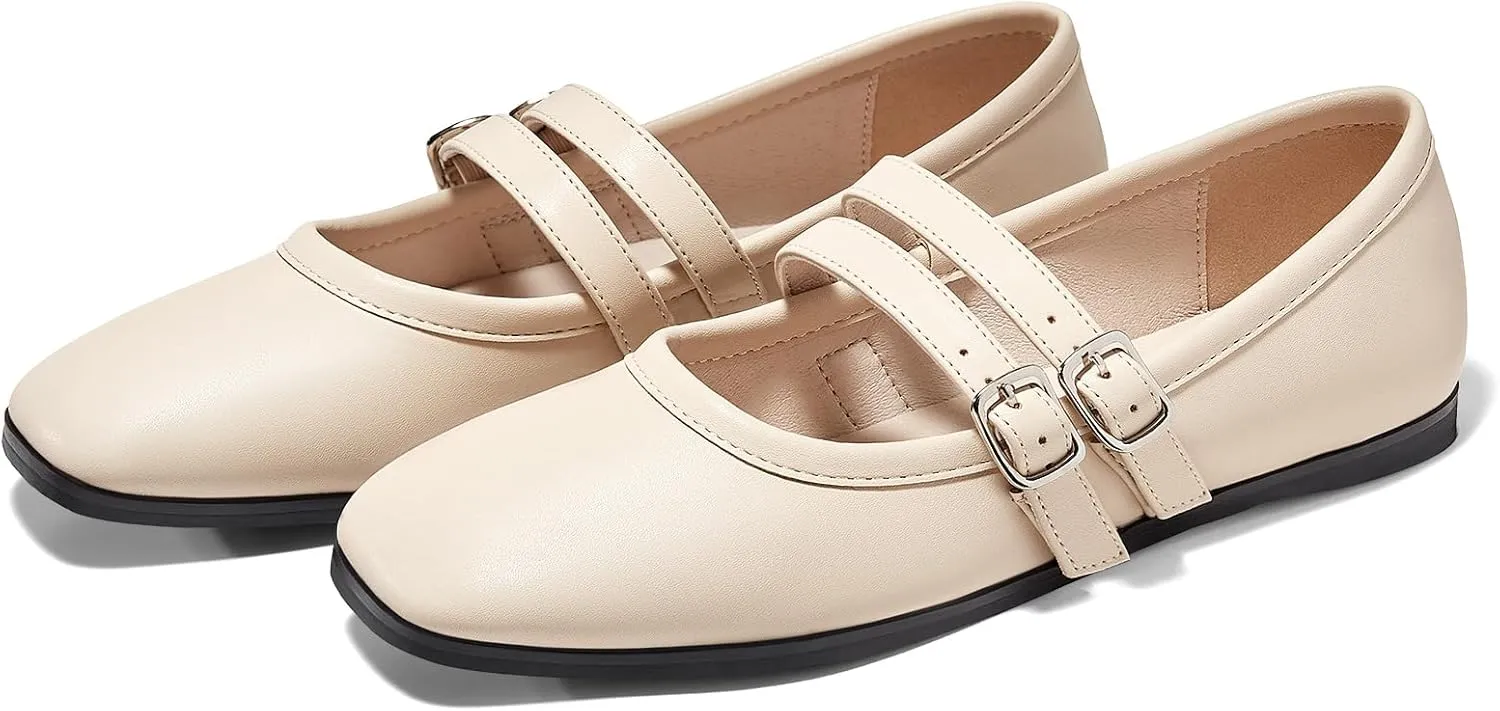 Coutgo Womens Mary Jane Flats Shoes Dressy Comfortable Square Toe Double Strap Soft Work Slip on Ballet Flat