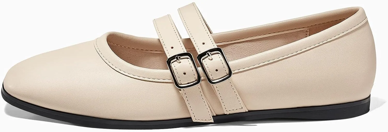 Coutgo Womens Mary Jane Flats Shoes Dressy Comfortable Square Toe Double Strap Soft Work Slip on Ballet Flat