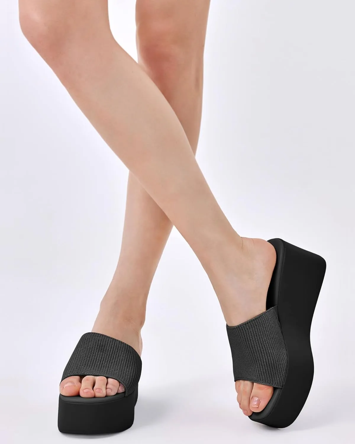 Coutgo Womens Platform Slides Sandals Square Open Toe Slip On Elastic Band Casual Lightweight Wedge Shoes