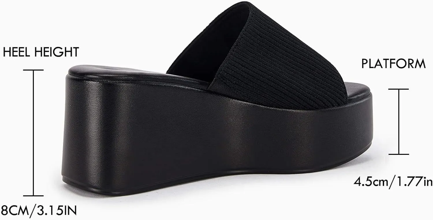 Coutgo Womens Platform Slides Sandals Square Open Toe Slip On Elastic Band Casual Lightweight Wedge Shoes