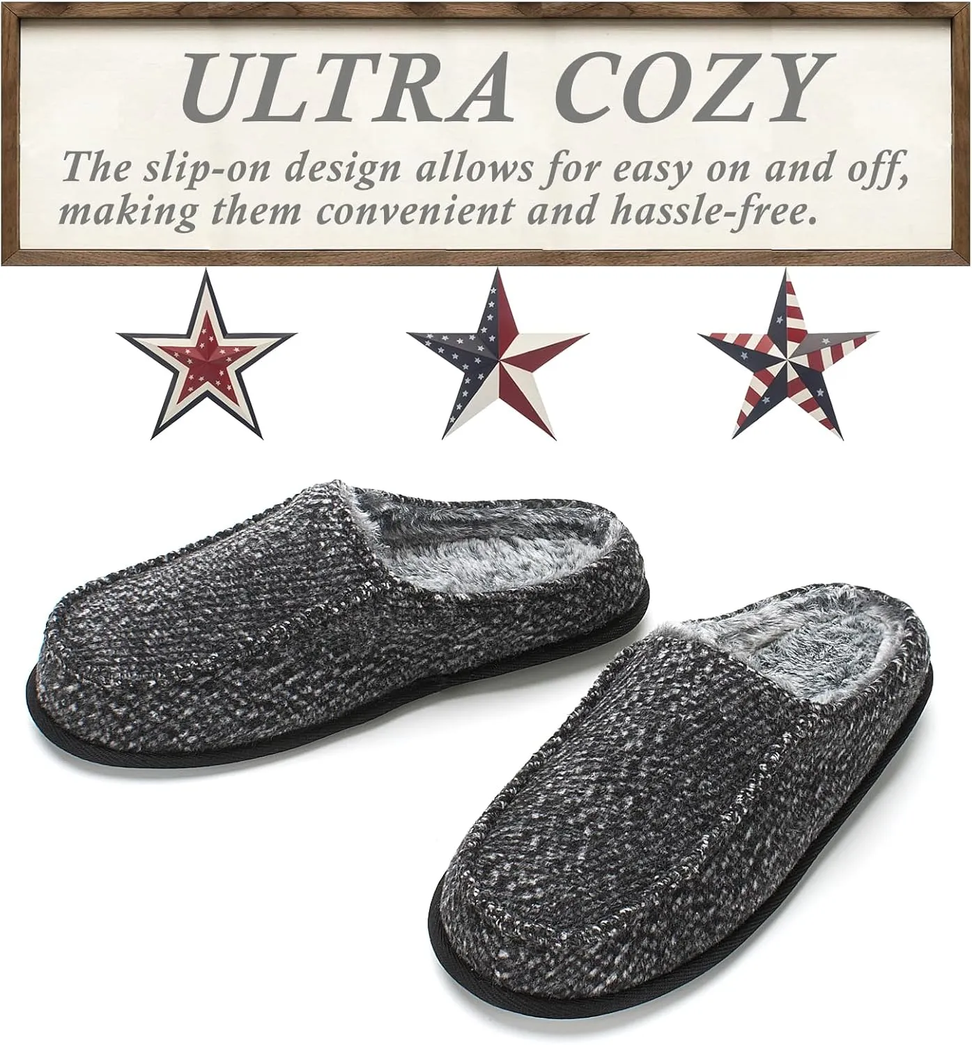 Cozylook Men's Slip-on Slippers, Memory Foam Padded House Moccasins, Non-Slip Sole Indoor/Outdoor, Soft Plush Lining, Cozy Gifts, Sizes 8-15