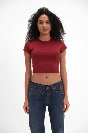 Cropped Round Neck Top Cap Sleeve - Burgundy