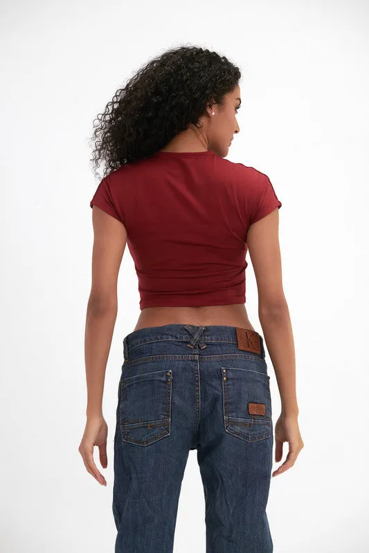 Cropped Round Neck Top Cap Sleeve - Burgundy