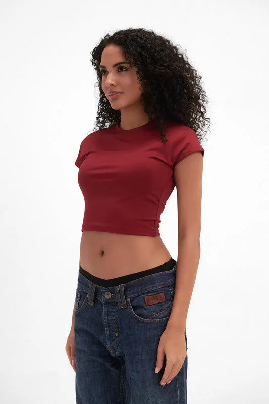 Cropped Round Neck Top Cap Sleeve - Burgundy