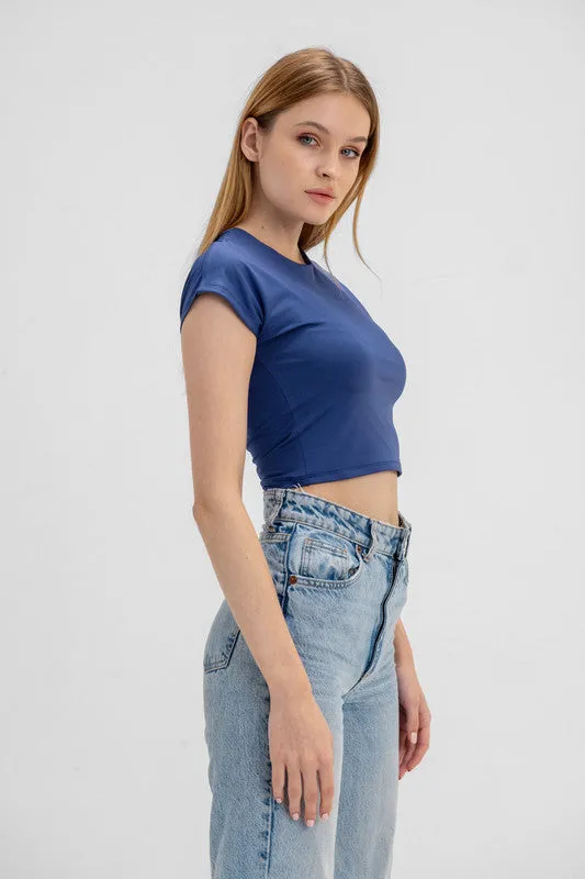 Cropped Round Neck Top Cap Sleeve - Navy