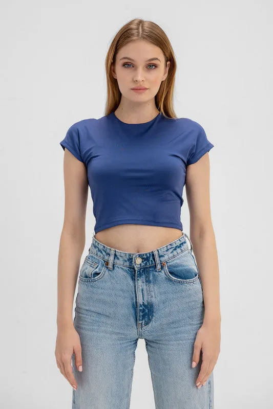 Cropped Round Neck Top Cap Sleeve - Navy