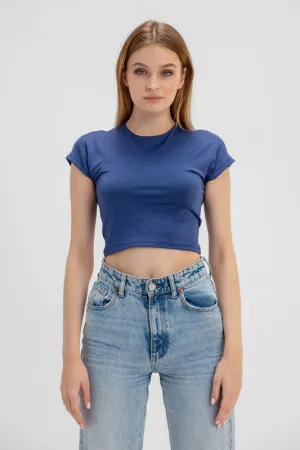 Cropped Round Neck Top Cap Sleeve - Navy