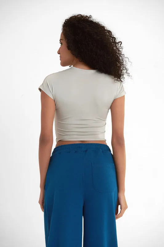 Cropped Round Neck Top Cap Sleeve - Silver