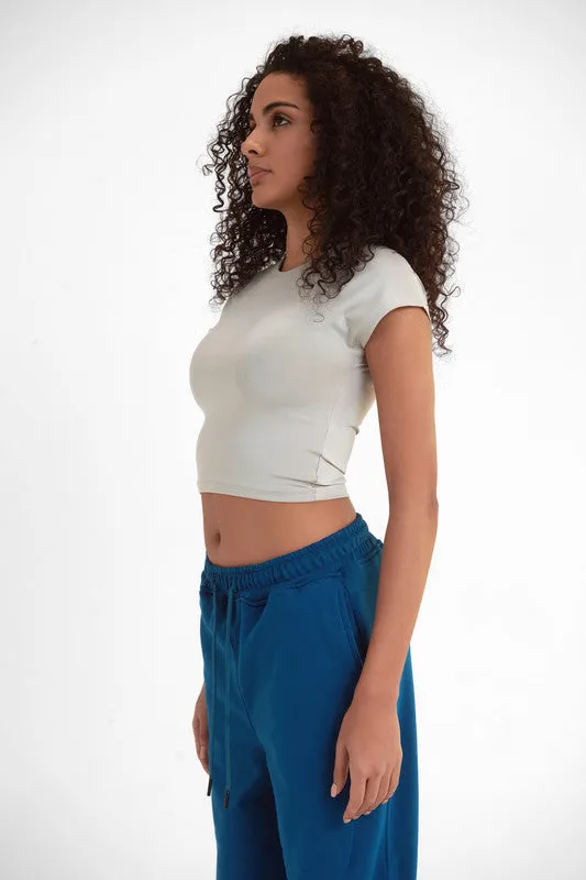 Cropped Round Neck Top Cap Sleeve - Silver