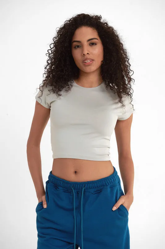 Cropped Round Neck Top Cap Sleeve - Silver