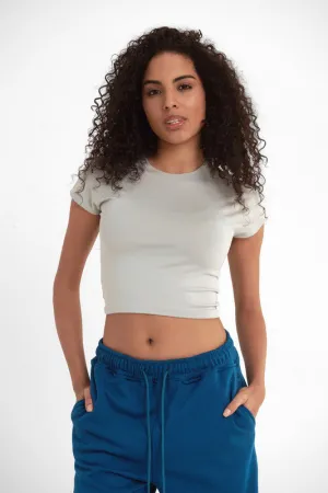 Cropped Round Neck Top Cap Sleeve - Silver