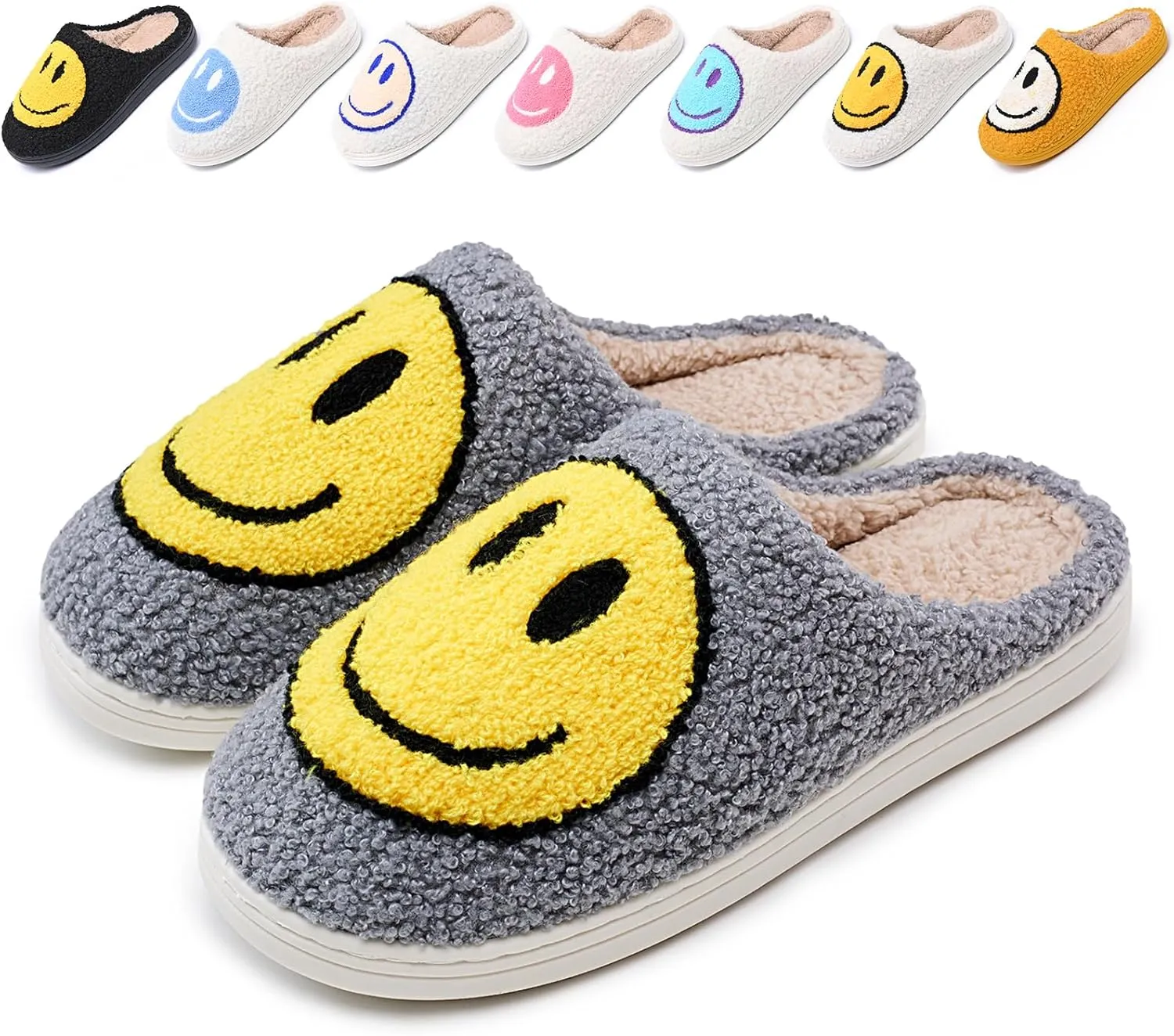 Cute Smile Face Slippers for Women and Men,Soft Plush Comfy Warm Couple Slip-On House Happy Face Slippers For Winter Indoor Outdoor Smile Slippers Non-slip Fuzzy Flat Slides
