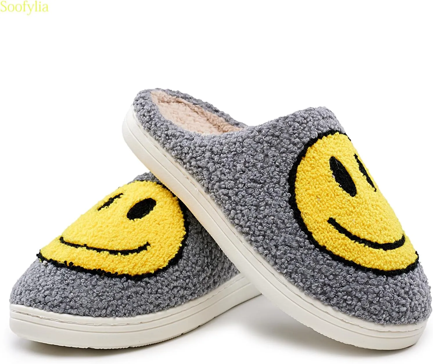 Cute Smile Face Slippers for Women and Men,Soft Plush Comfy Warm Couple Slip-On House Happy Face Slippers For Winter Indoor Outdoor Smile Slippers Non-slip Fuzzy Flat Slides