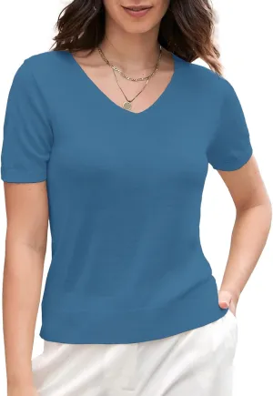 DAIMIDY Women's Short Sleeve V Neck Sweaters Casual Summer Sweater Lightweight Knit Pullover Tops