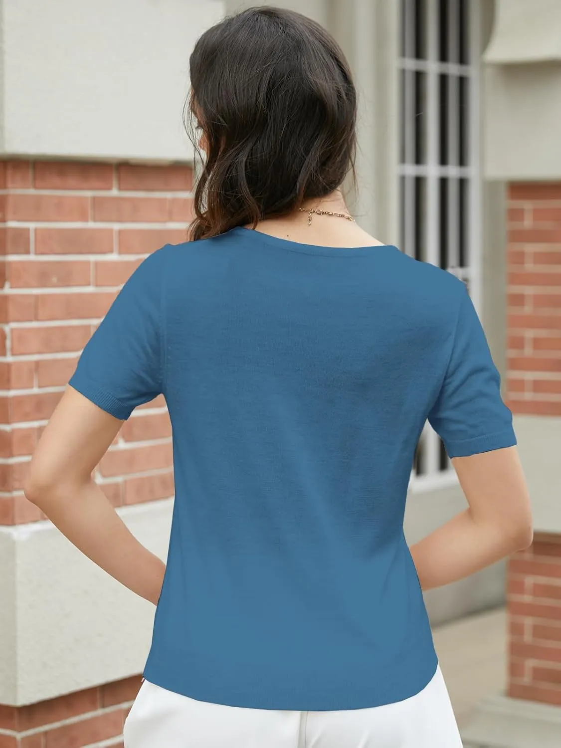 DAIMIDY Women's Short Sleeve V Neck Sweaters Casual Summer Sweater Lightweight Knit Pullover Tops