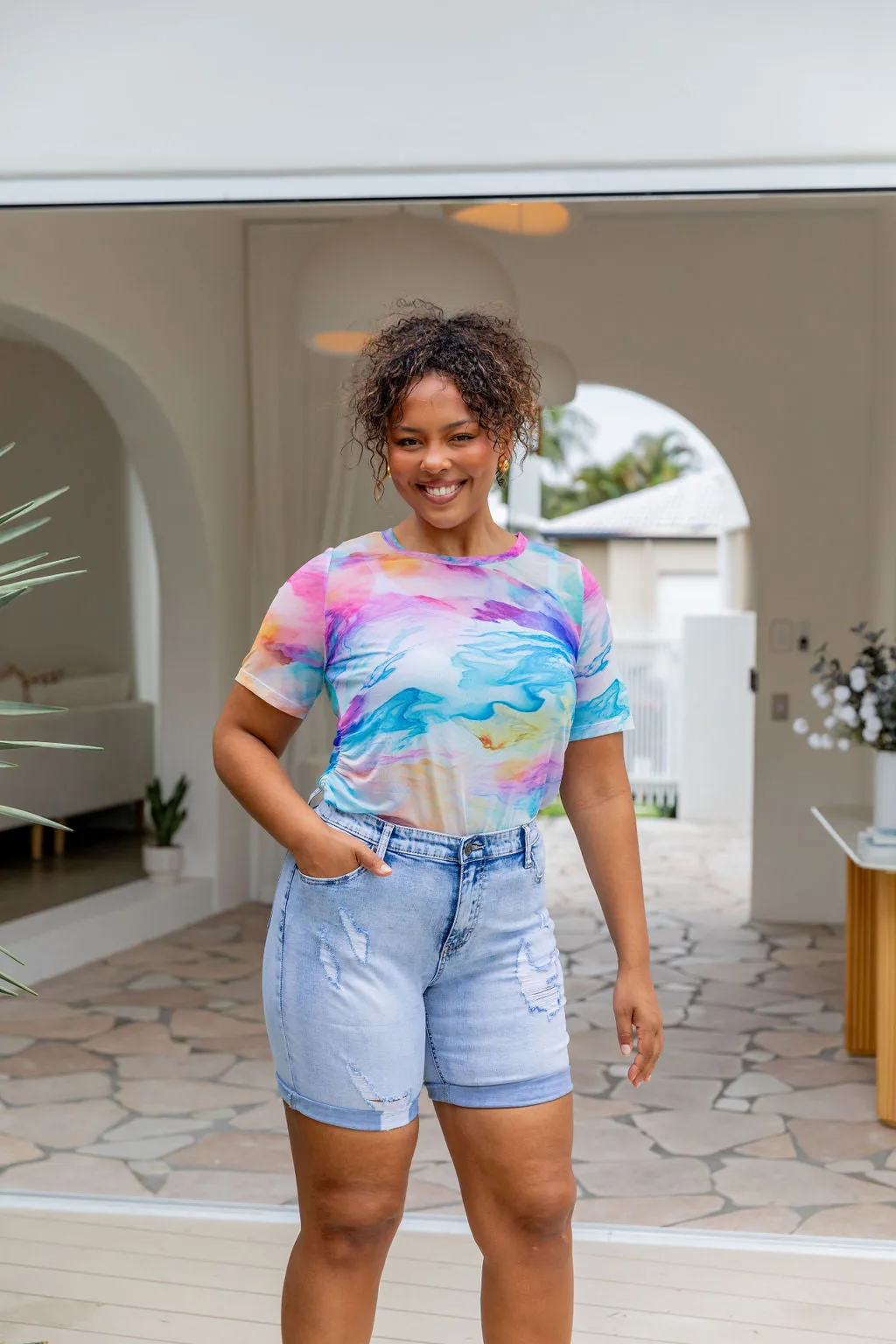 Darla Mesh Top in Ocean Colours