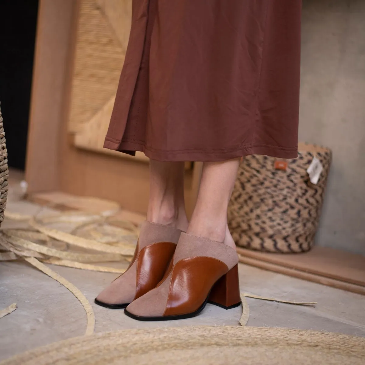DIDI 75 - Caramelo y Rosa Regina Romero Zapato Bota Botin Mule Tacon Alto para Dama en Piel