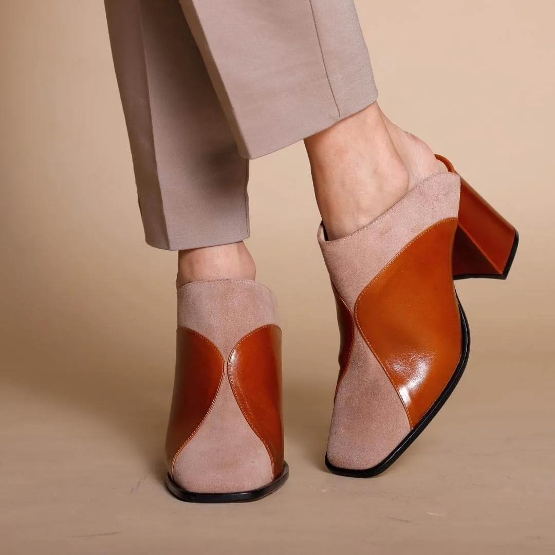 DIDI 75 - Caramelo y Rosa Regina Romero Zapato Bota Botin Mule Tacon Alto para Dama en Piel