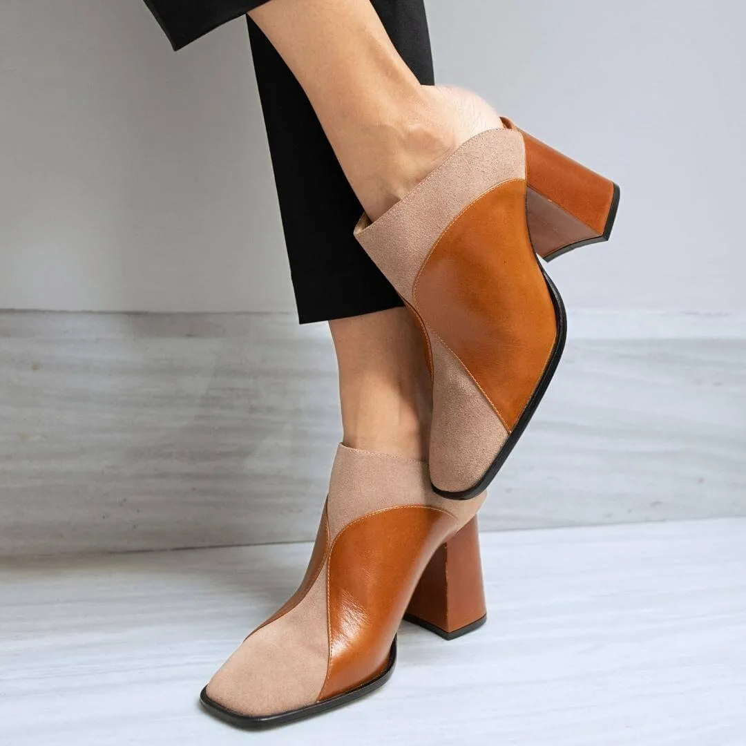 DIDI 75 - Caramelo y Rosa Regina Romero Zapato Bota Botin Mule Tacon Alto para Dama en Piel