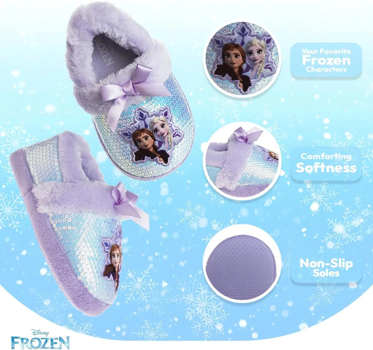 Disney Frozen Elsa and Anna Girls Slippers - Plush Non-Slip Comfy Fluffy Lightweight Warm Comfort Soft Aline Indoor House Slippers (Toddler/Little Kid)
