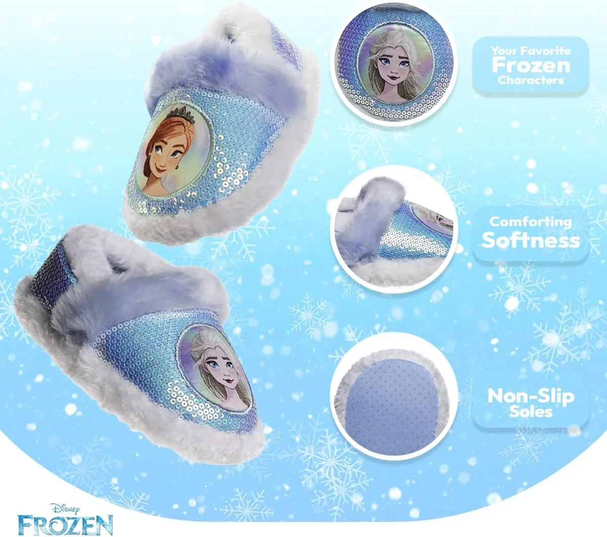 Disney Frozen Elsa and Anna Girls Slippers - Plush Non-Slip Comfy Fluffy Lightweight Warm Comfort Soft Aline Indoor House Slippers (Toddler/Little Kid)