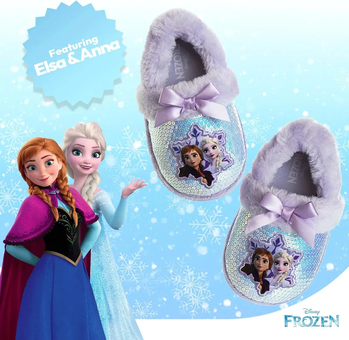 Disney Frozen Elsa and Anna Girls Slippers - Plush Non-Slip Comfy Fluffy Lightweight Warm Comfort Soft Aline Indoor House Slippers (Toddler/Little Kid)
