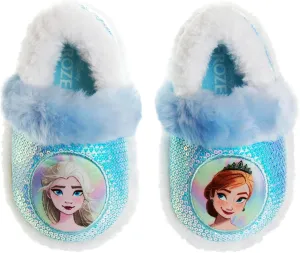 Disney Frozen Elsa and Anna Girls Slippers - Plush Non-Slip Comfy Fluffy Lightweight Warm Comfort Soft Aline Indoor House Slippers (Toddler/Little Kid)