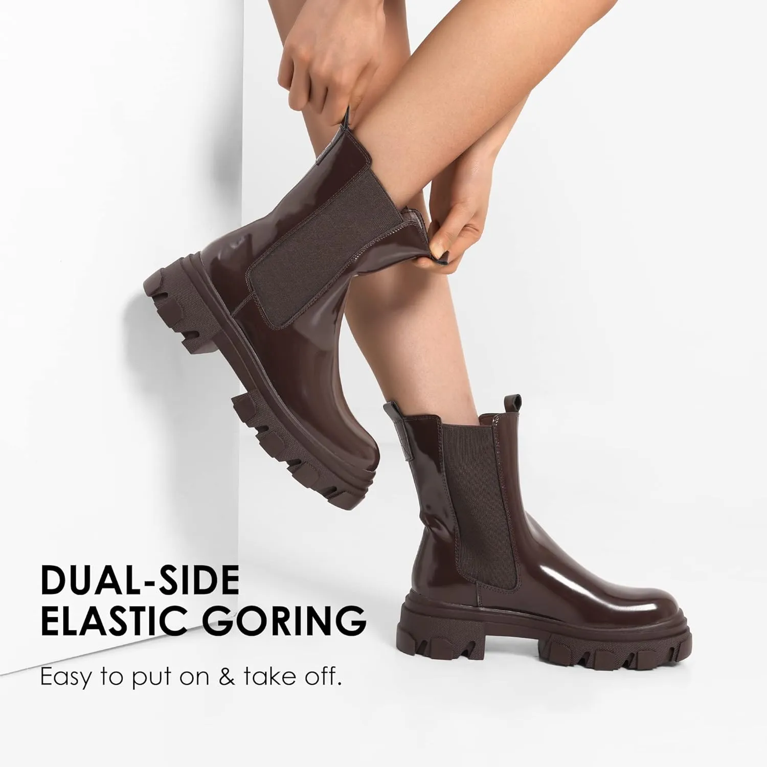 DREAM PAIRS Women's Platform Chelsea Boots Lug Sole Combat Mid Calf Slip On Chunky Ankle Booties