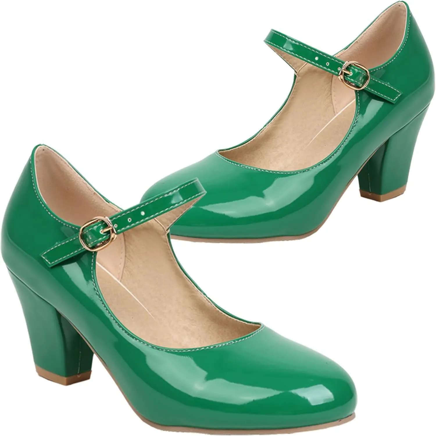 Elbslutt Women's Patent Leather Block Heel Mary Janes Retro Rockabilly Shoes Ankle Strap Chunky Pumps Work Office Dress Shoes