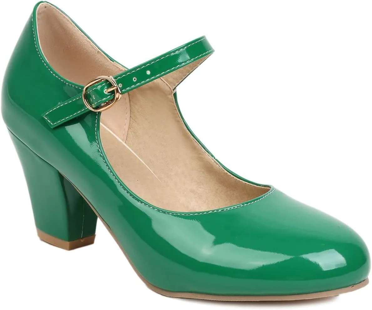 Elbslutt Women's Patent Leather Block Heel Mary Janes Retro Rockabilly Shoes Ankle Strap Chunky Pumps Work Office Dress Shoes
