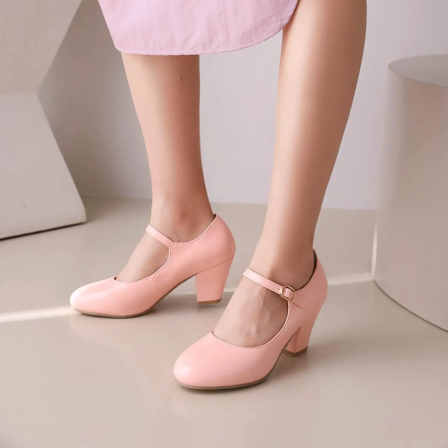 Elbslutt Women's Patent Leather Block Heel Mary Janes Retro Rockabilly Shoes Ankle Strap Chunky Pumps Work Office Dress Shoes