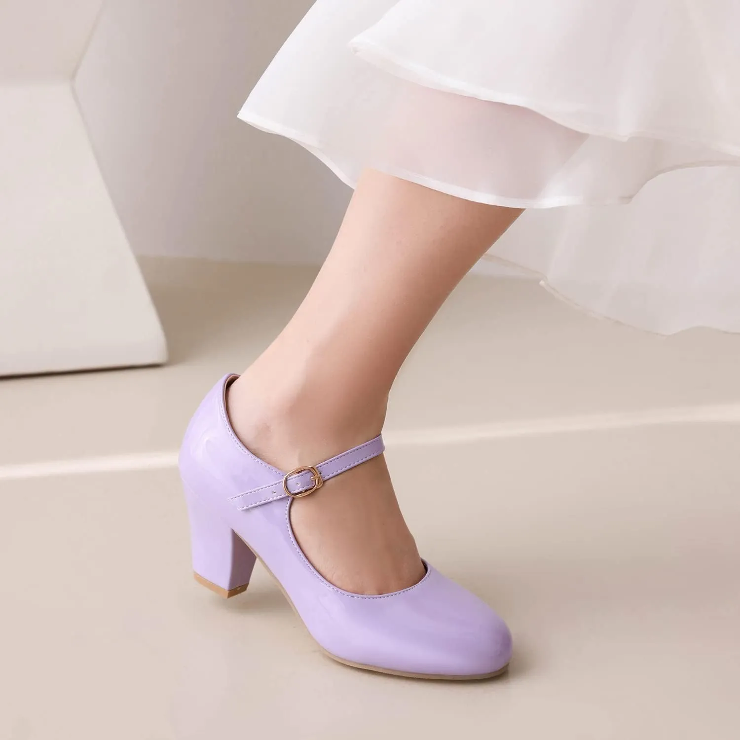 Elbslutt Women's Patent Leather Block Heel Mary Janes Retro Rockabilly Shoes Ankle Strap Chunky Pumps Work Office Dress Shoes