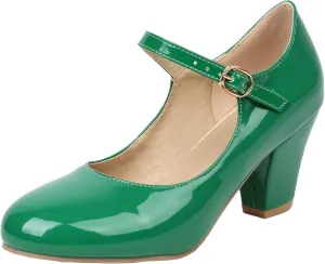 Elbslutt Women's Patent Leather Block Heel Mary Janes Retro Rockabilly Shoes Ankle Strap Chunky Pumps Work Office Dress Shoes