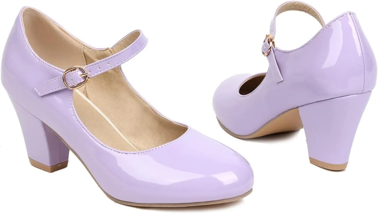 Elbslutt Women's Patent Leather Block Heel Mary Janes Retro Rockabilly Shoes Ankle Strap Chunky Pumps Work Office Dress Shoes