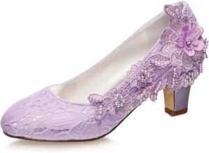 Emily Bridal Wedding Shoes Women's Silk Like Satin Chunky Heel Pumps with Stitching Lace Flower Crystal Pearl