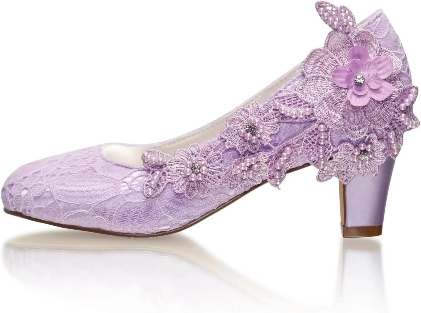 Emily Bridal Wedding Shoes Women's Silk Like Satin Chunky Heel Pumps with Stitching Lace Flower Crystal Pearl