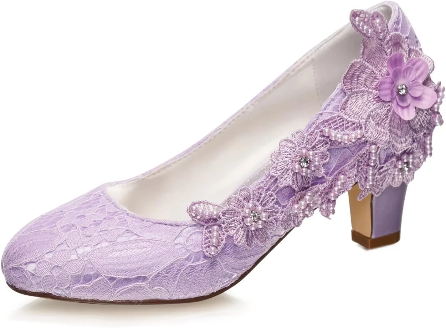 Emily Bridal Wedding Shoes Women's Silk Like Satin Chunky Heel Pumps with Stitching Lace Flower Crystal Pearl