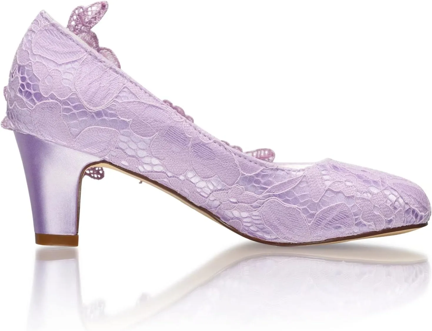 Emily Bridal Wedding Shoes Women's Silk Like Satin Chunky Heel Pumps with Stitching Lace Flower Crystal Pearl