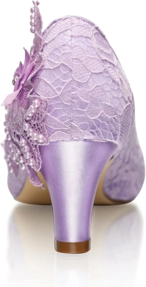 Emily Bridal Wedding Shoes Women's Silk Like Satin Chunky Heel Pumps with Stitching Lace Flower Crystal Pearl