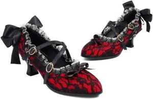 Emo Rave Shoes Women Festival Comfy Mary Jane Sandals with Bows and Lace Kitten Heels Pumps Goth Grunge Cute Kawaii Y2K Lolita Dressy Gifts for Girls Daughter Granddaughter Back to School