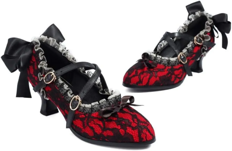 Emo Rave Shoes Women Festival Comfy Mary Jane Sandals with Bows and Lace Kitten Heels Pumps Goth Grunge Cute Kawaii Y2K Lolita Dressy Gifts for Girls Daughter Granddaughter Back to School