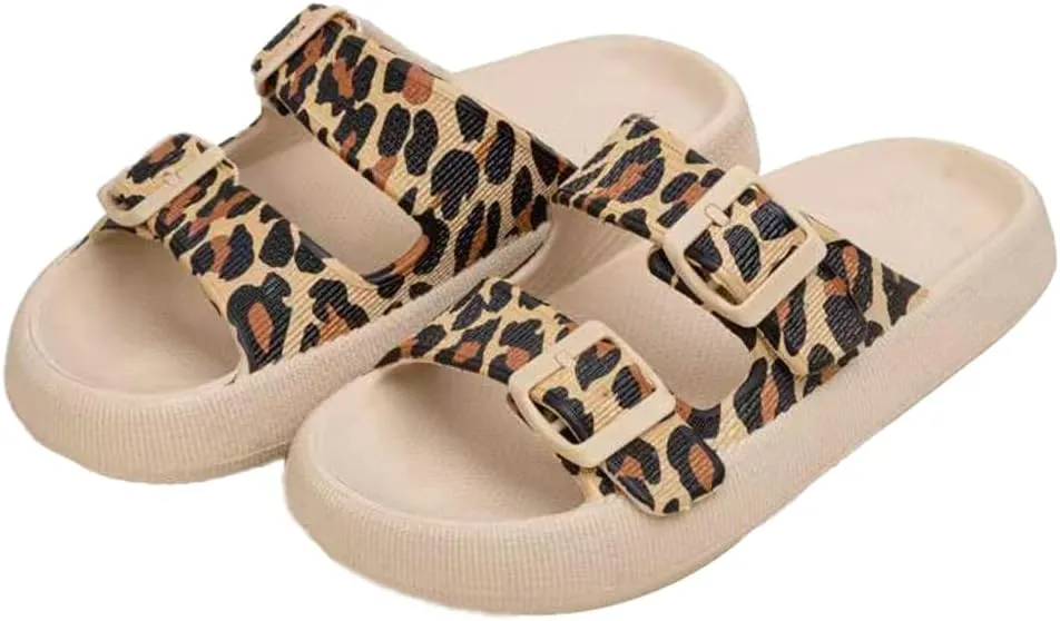 Epsion Women's Cloud Sandals Pillow Leopard Slippers Double Buckle Adjustable Comfort Slides Flat Summer Beach Sandals