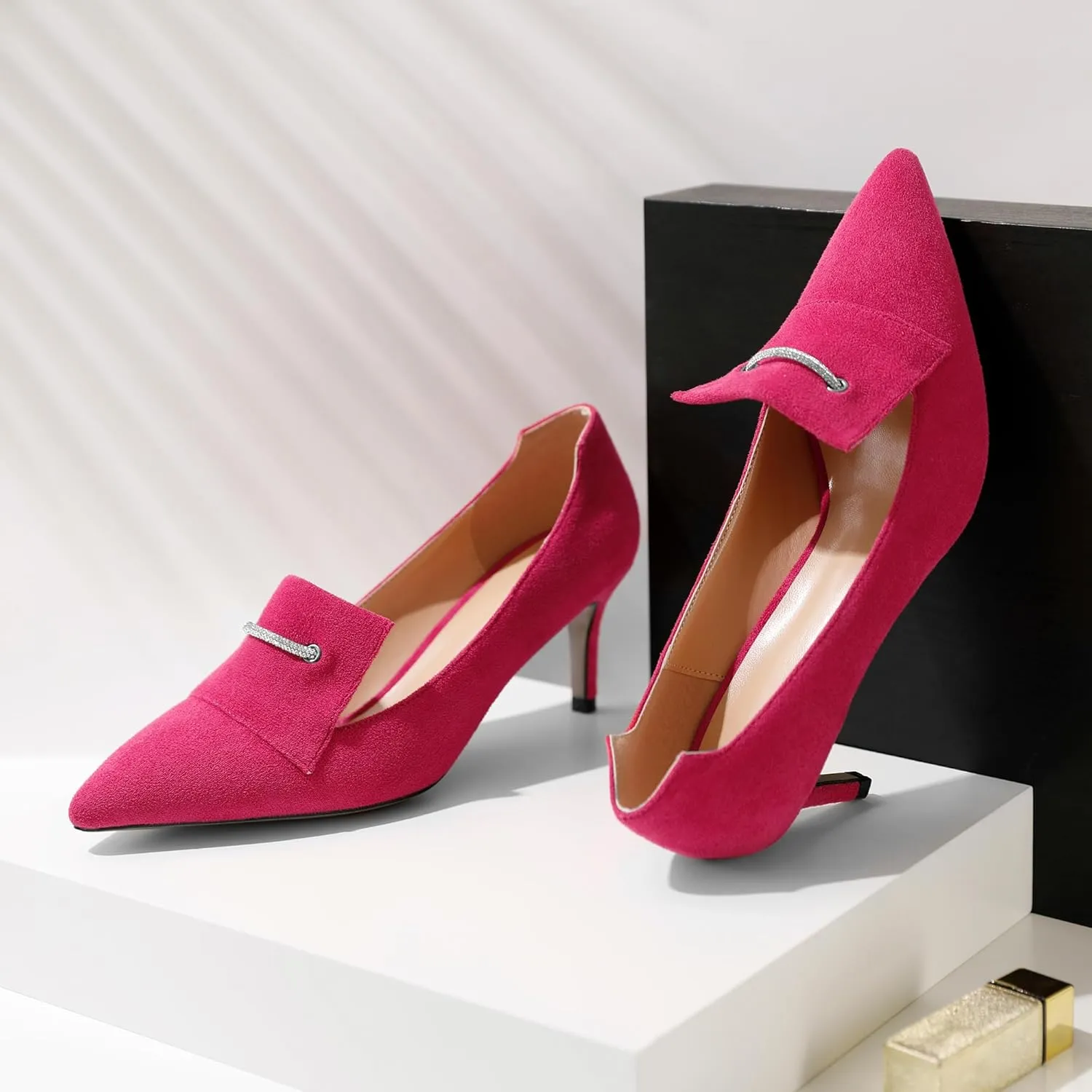 Esvowido Loafers for Women Closed Toe Kitten Heels Slip on Pumps Chain Trims with Rhinestone Comfortable Loafer Shoes 2.5 Inch