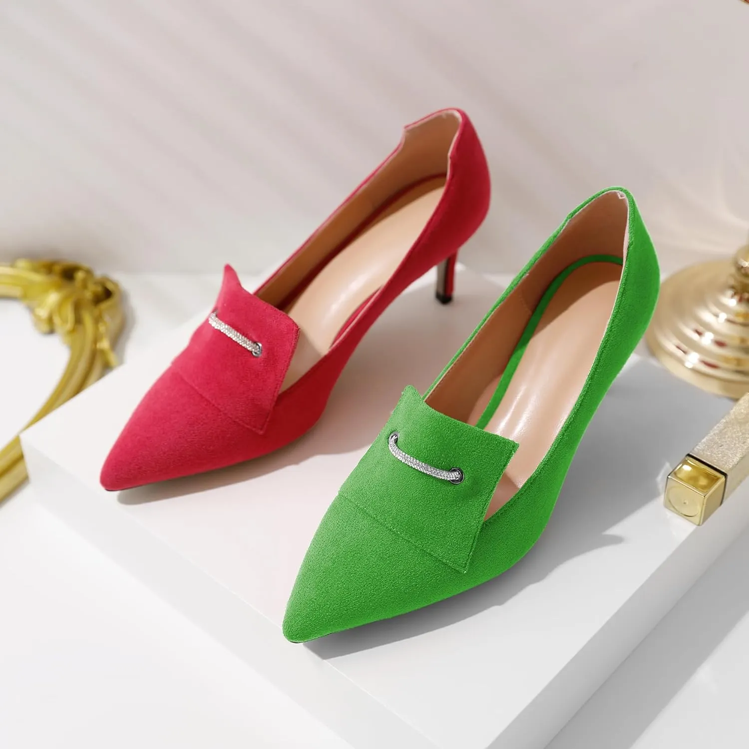 Esvowido Loafers for Women Closed Toe Kitten Heels Slip on Pumps Chain Trims with Rhinestone Comfortable Loafer Shoes 2.5 Inch