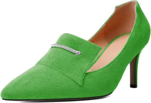 Esvowido Loafers for Women Closed Toe Kitten Heels Slip on Pumps Chain Trims with Rhinestone Comfortable Loafer Shoes 2.5 Inch