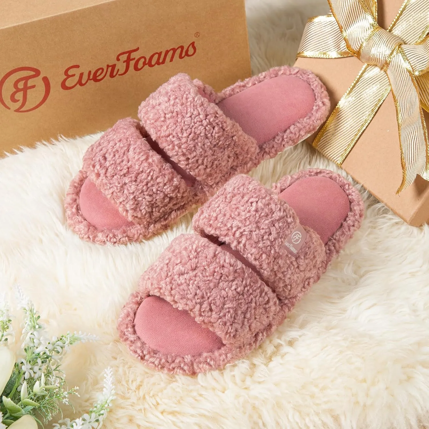 EverFoams Women's Fuzzy Open Toe Slippers Comfy Soft Memory Foam Indoor House Shoes