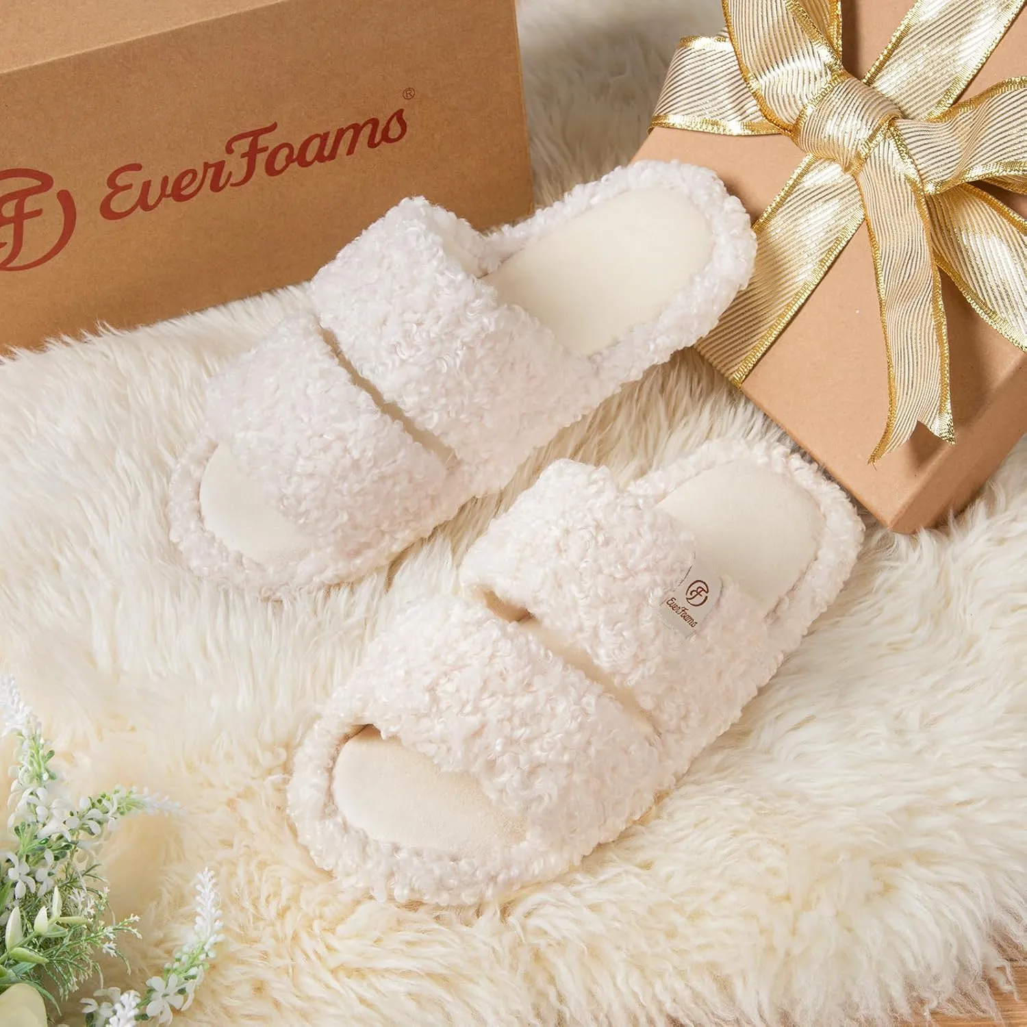 EverFoams Women's Fuzzy Open Toe Slippers Comfy Soft Memory Foam Indoor House Shoes