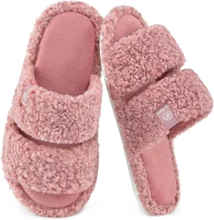 EverFoams Women's Fuzzy Open Toe Slippers Comfy Soft Memory Foam Indoor House Shoes
