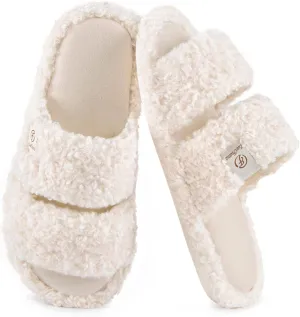 EverFoams Women's Fuzzy Open Toe Slippers Comfy Soft Memory Foam Indoor House Shoes